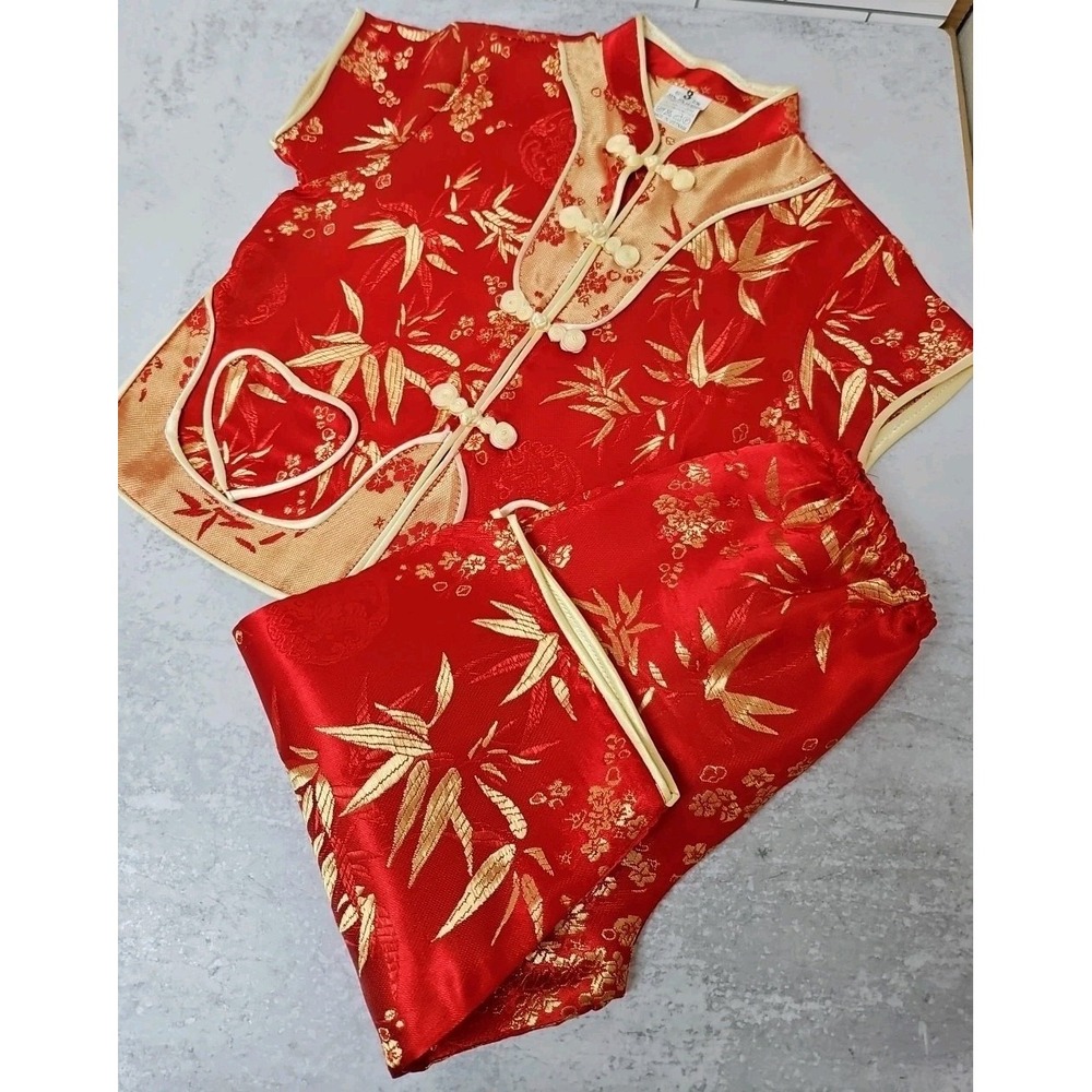 Chinese Lunar New Year Outfit Shirt Pants Red Gold Girl 3  Matching  Set